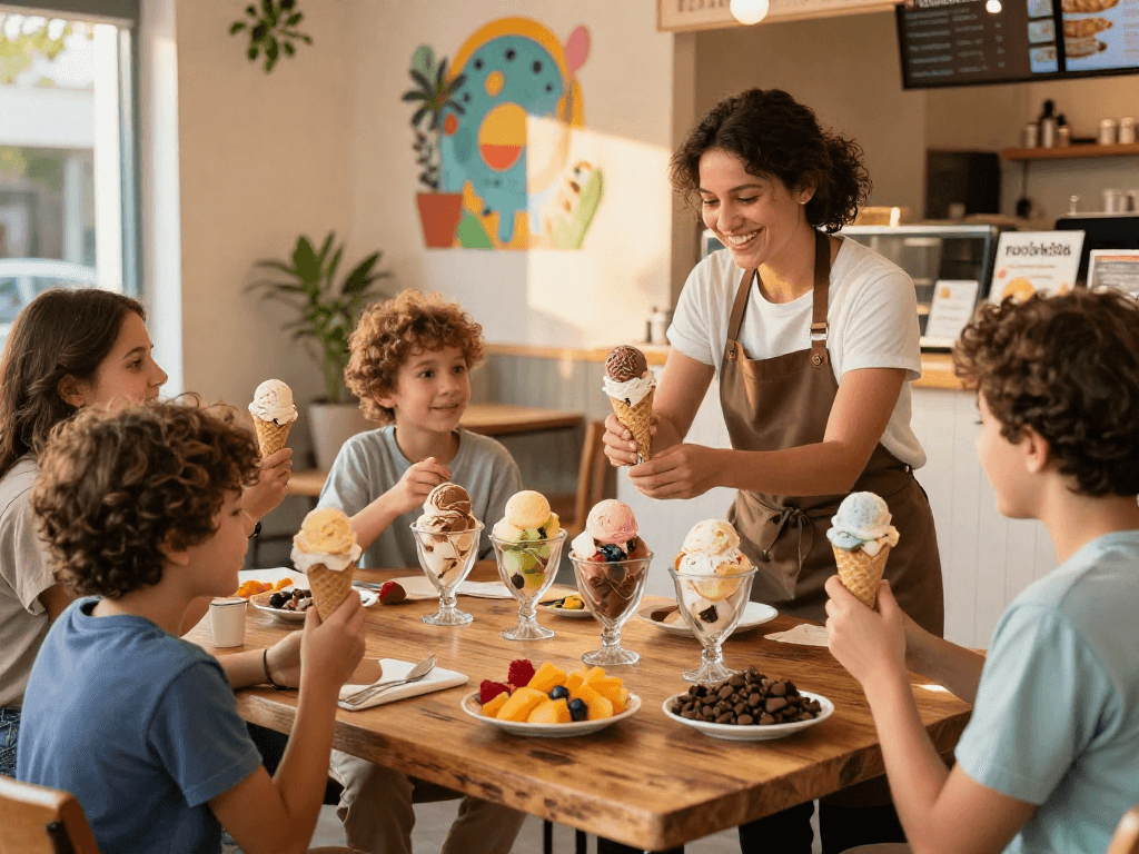 Enjoying rokok88 ice cream in a joyful shop setting with colorful flavors and happy customers.