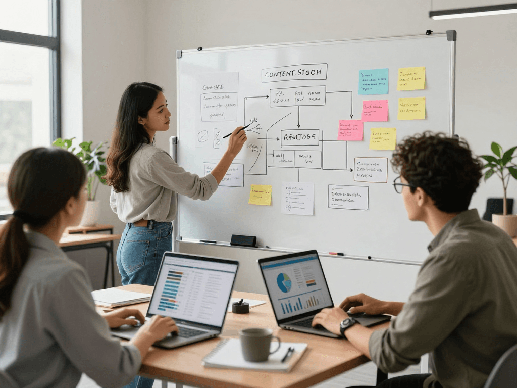 Profissionais colaborando em espaço criativo sobre multicanais e estratégias de conteúdo.