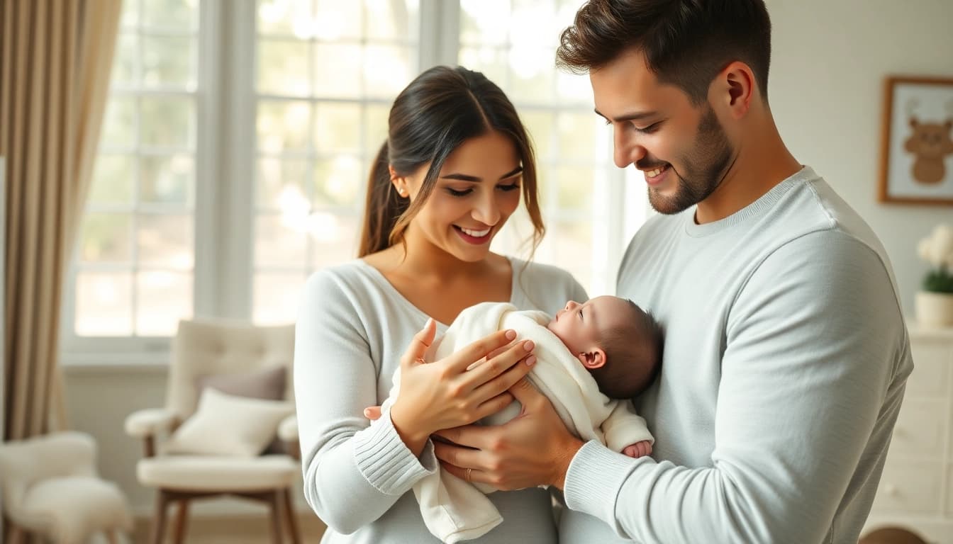 Family with new bornbaby enjoying a tender moment in a serene nursery setting.