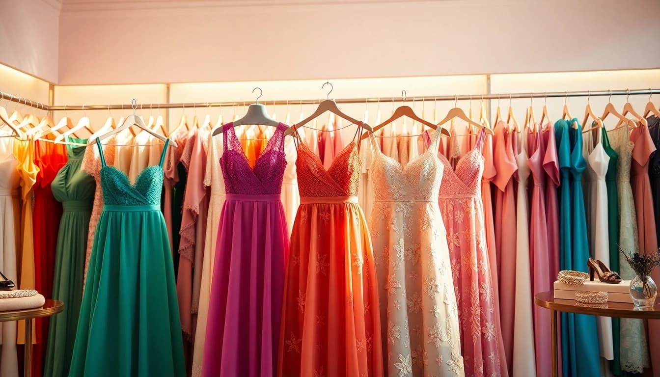 Dresses Manufacturer showcasing elegant designs in a vibrant boutique.