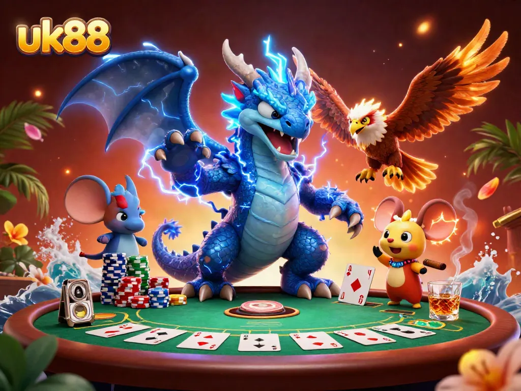 Engaging betting scene with uk88 characters, highlighting thrilling poker and casino vibes.