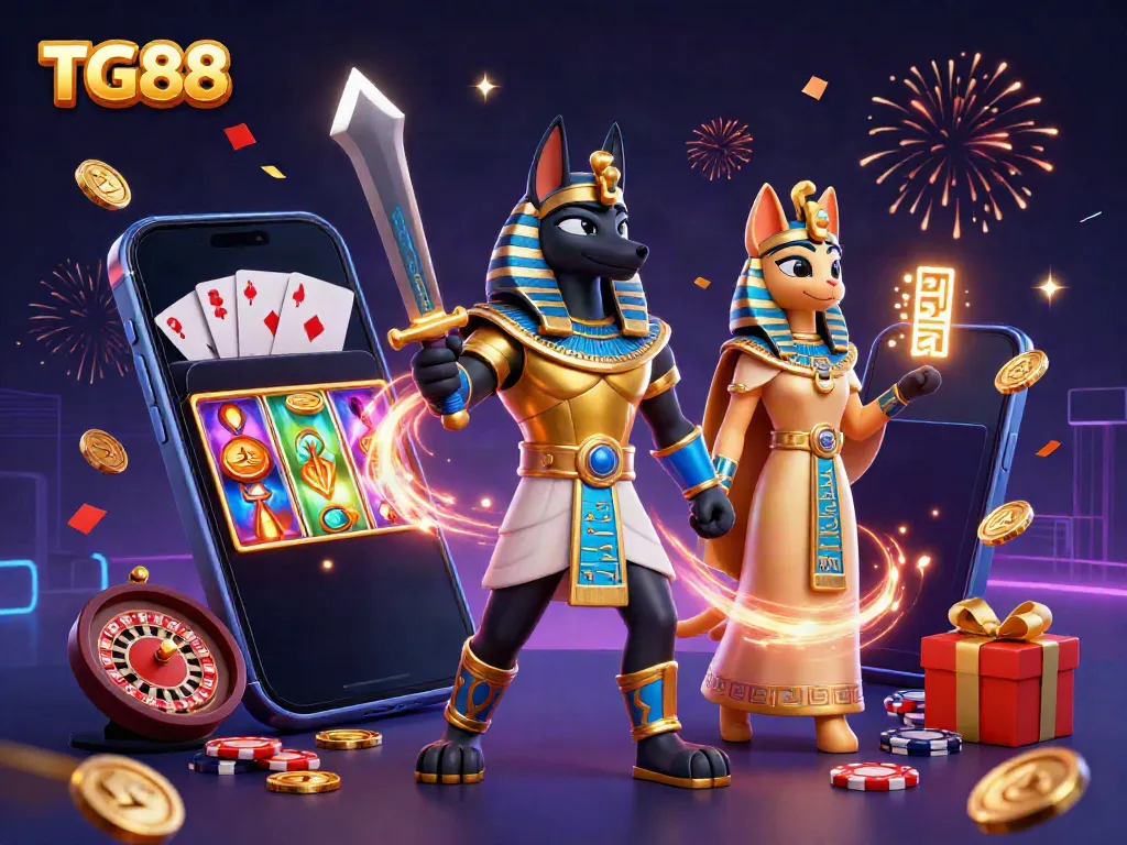 Experience thrilling gaming action with TG88's vibrant 3D illustration featuring Anubis and Bastet surrounded by casino elements.