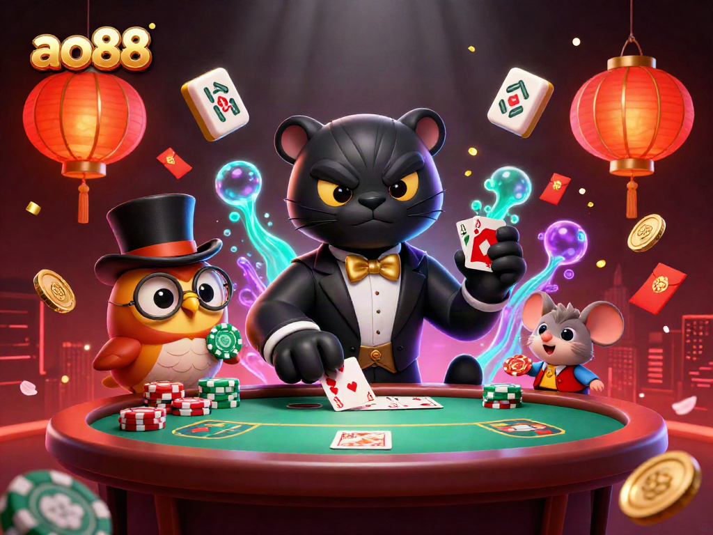 Experience ao88's unique gambling joy with a stylish panther dealer, poker elements, and vibrant casino action.
