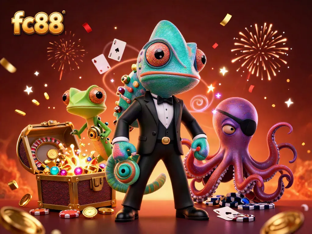 Experience the thrill of fc88 with a dynamic scene featuring colorful casino elements and engaging characters.