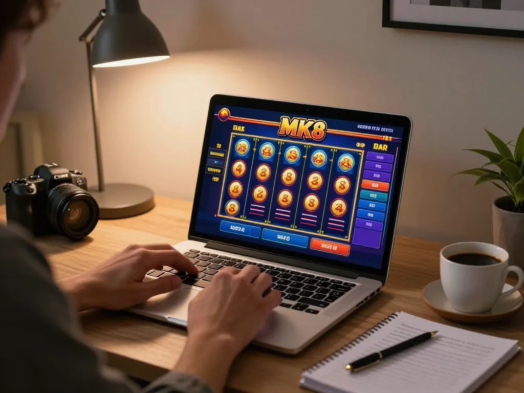 Engaging with MK8 online casino games at home, showcasing vibrant gameplay and strategic notes.