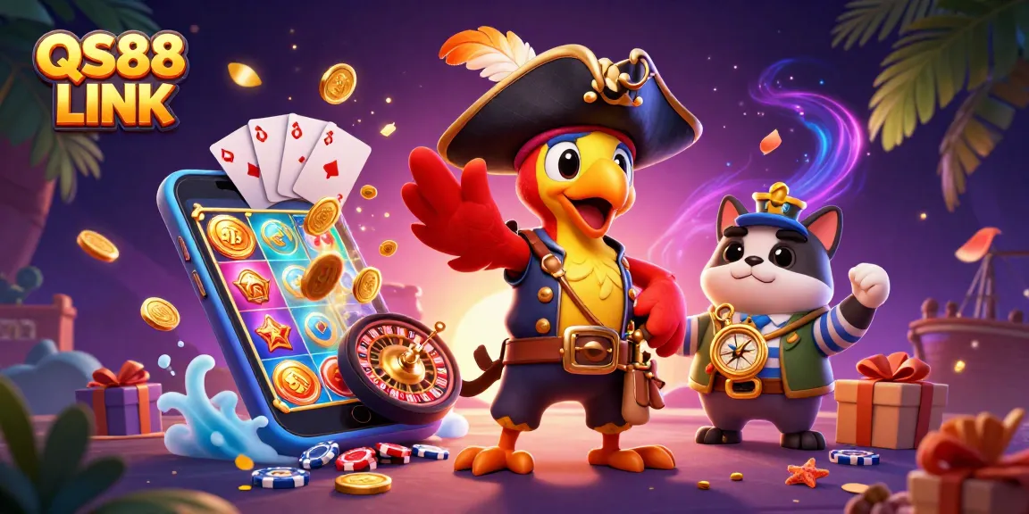 Experience excitement with QS88 LINK, featuring a vibrant casino-themed scene bursting with games and playful characters.