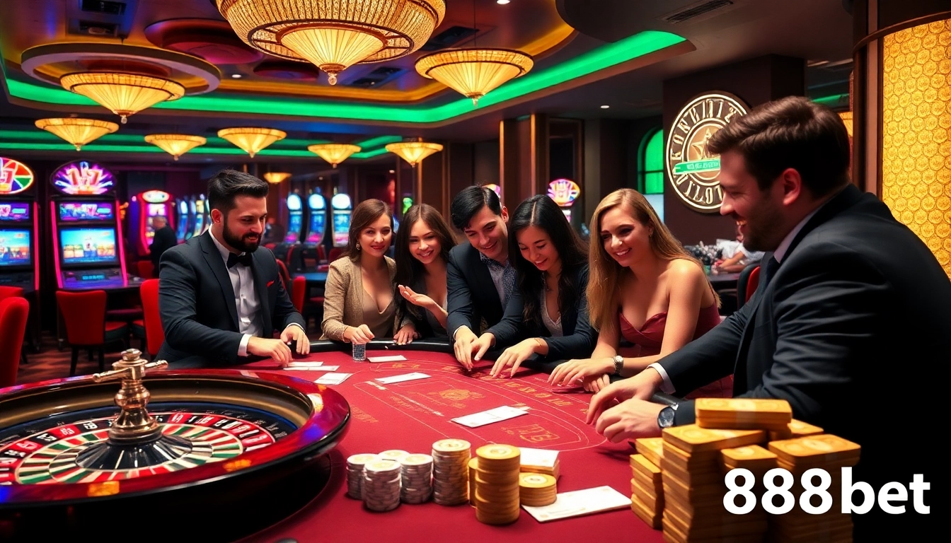 Engaging players at the 188 bet casino table, surrounded by casino chips and a roulette wheel.