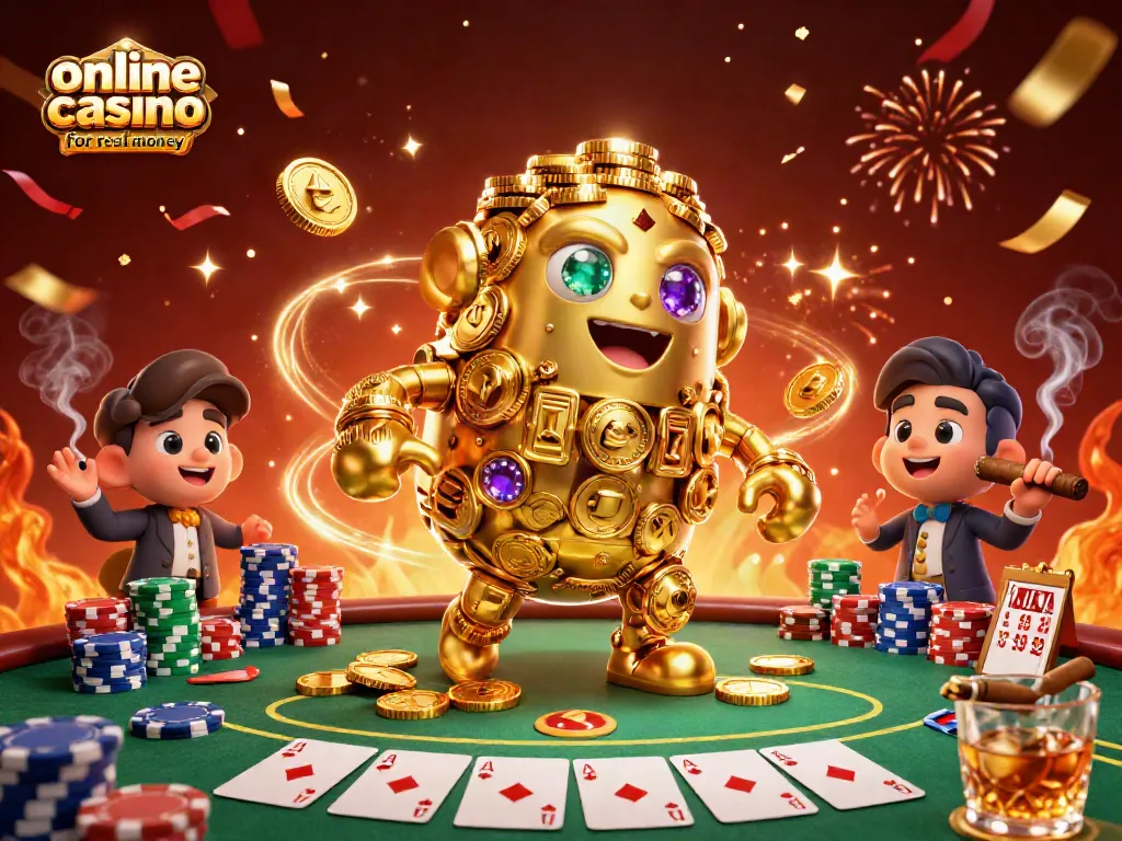 Engage with the excitement of an online casino for real money, featuring a golden golem surrounded by game elements.