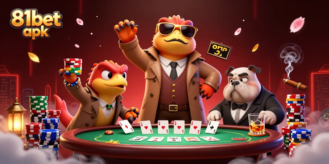 Experience thrilling play with 81bet apk in a colorful poker scene featuring cartoon raptors.