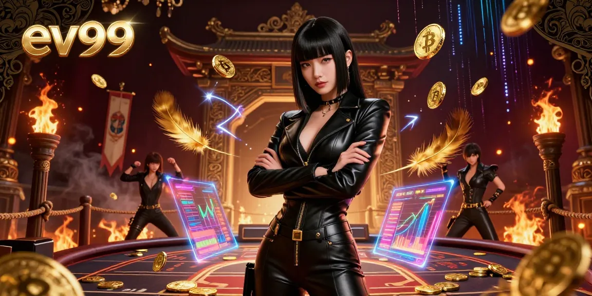 Engage with ev99's vibrant casino experience, featuring a powerful Asian woman amidst stunning gold crypto coins.