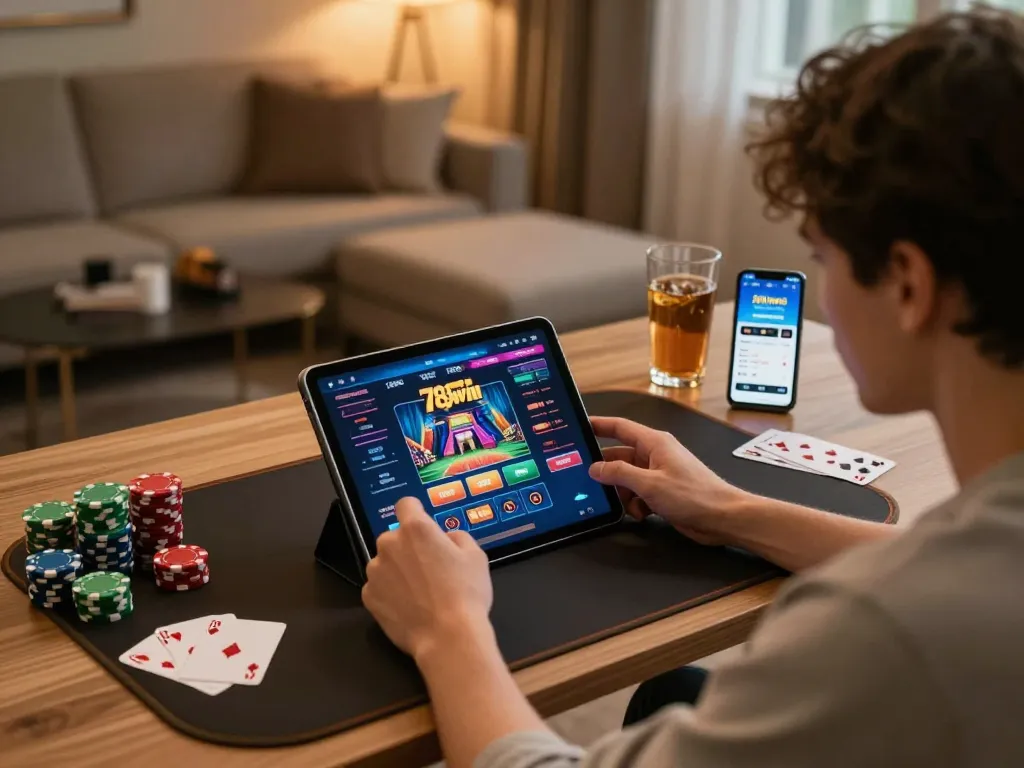 Engaging gameplay on 789win link interface showcased in a cozy home gaming setup.