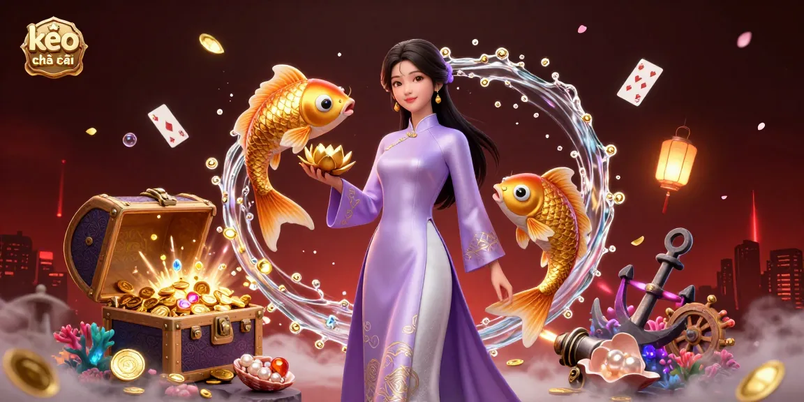 Engage with the kèo nhà cái scene featuring a serene Asian woman and golden koi in a vibrant underwater casino.