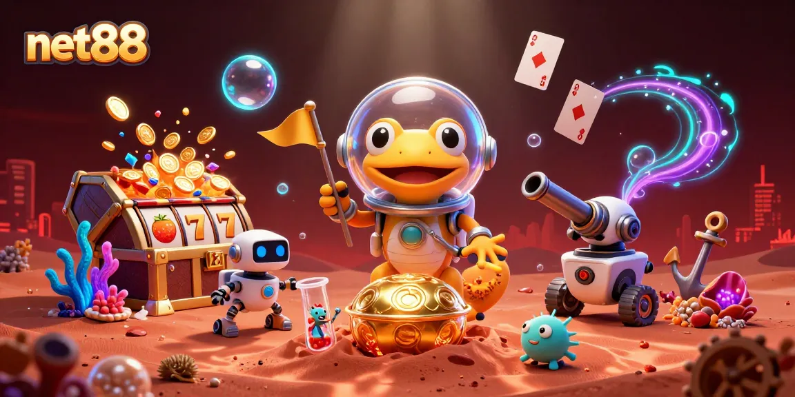 Experience net88's exciting world of gaming with vibrant scenes of slot machines and treasure!