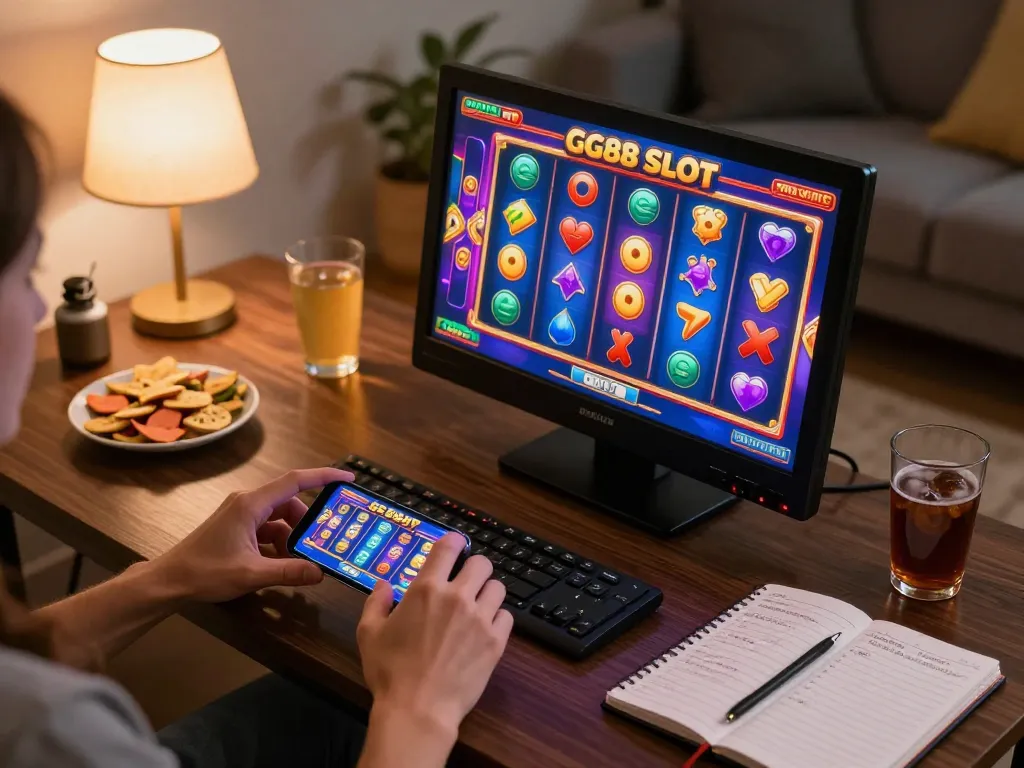 Playing GG88 SLOT on a smartphone in a cozy home setup, enjoying the game.