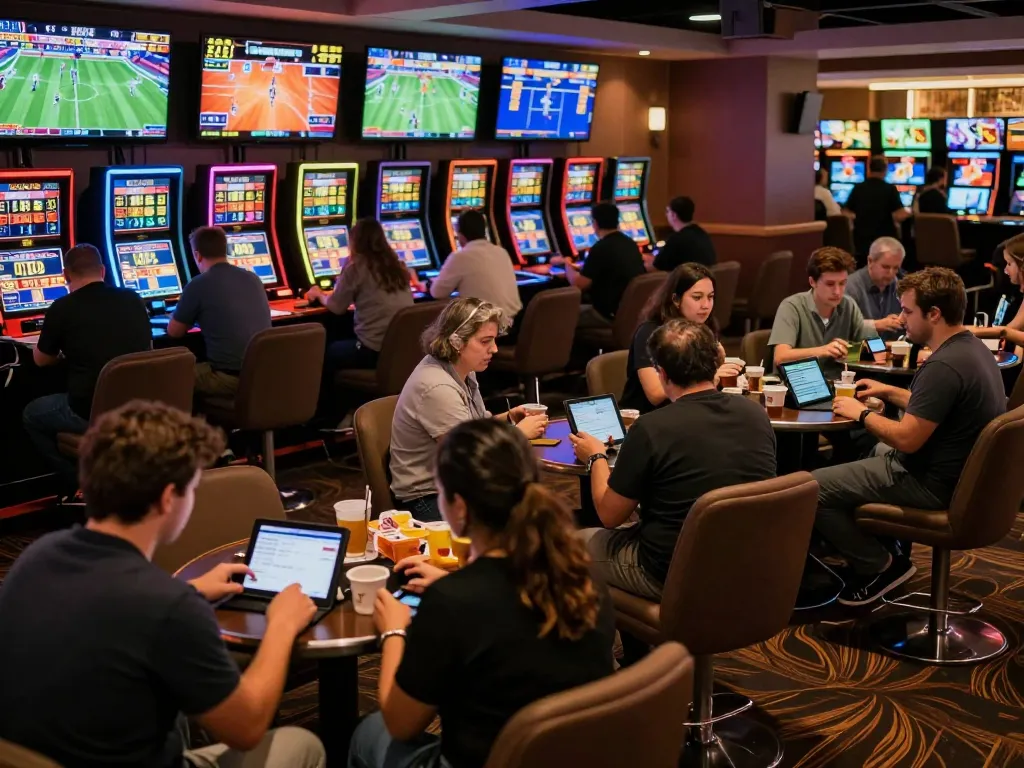 Engaged bettors analyzing tỷ lệ kèo at a lively sports betting area in a modern casino.