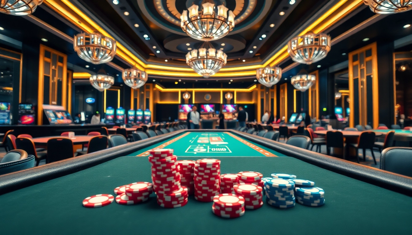 Erlebe den neuen casino bonus ohne einzahlung neu in einem eleganten Casino-Setup mit Spieltischen und bunten Chips.