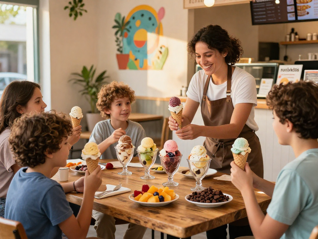 Enjoying rokok88 ice cream in a joyful shop setting with colorful flavors and happy customers.