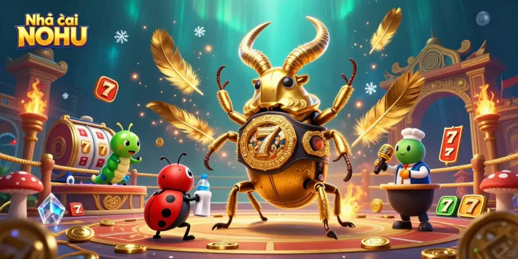 Engage in exciting gameplay with Nhà cái NOHU as a giant beetle champions the boxing ring, surrounded by casino elements.