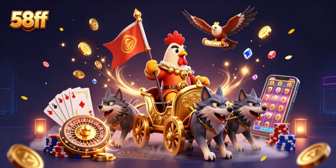 Action-packed scene showcasing 58ff's vibrant casino experience with a rooster warlord and dynamic gaming elements.
