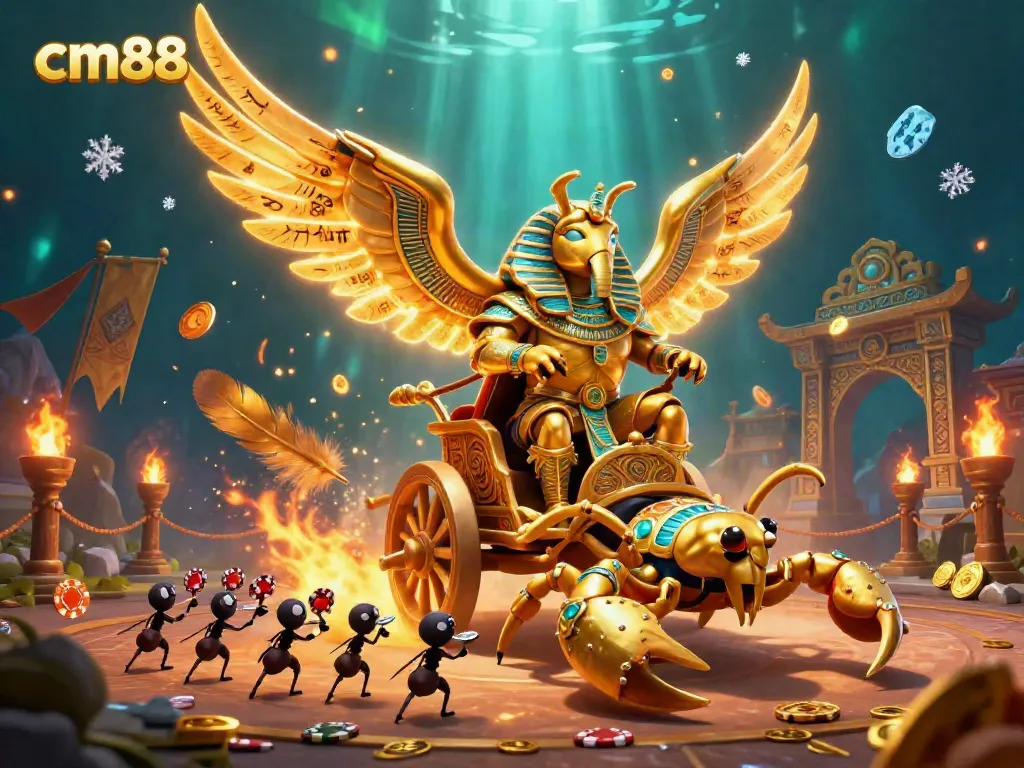 Engage with cm88 through a vibrant casino-themed illustration featuring a scarab beetle and a jewel-encrusted chariot.