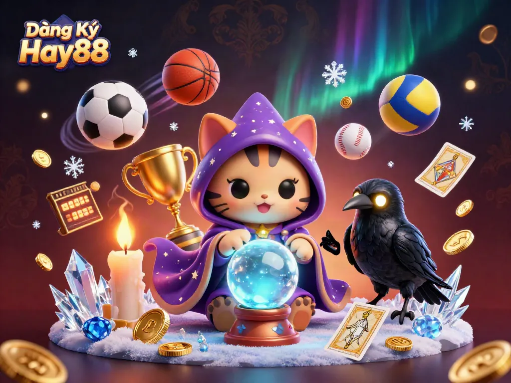 Engaging scene showcasing Đăng Ký Hay88 with a mystical cat and raven, enriched with dynamic sports elements.