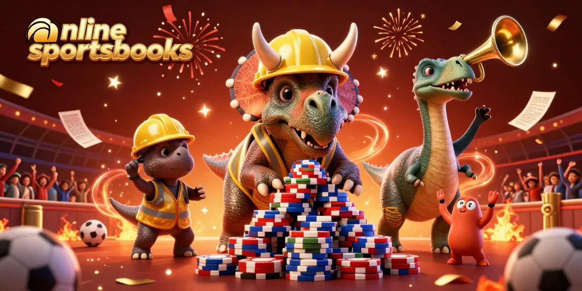 Exciting scene of online sportsbooks with a triceratops and parasaurolophus celebrating sports betting victories amid confetti.