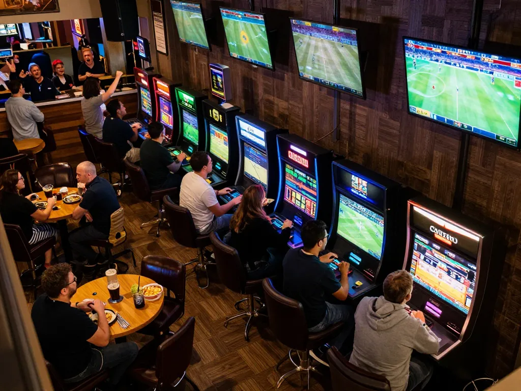 Engaged bettors using https://tr88.bio/ for live sports wagering in an exciting lounge atmosphere