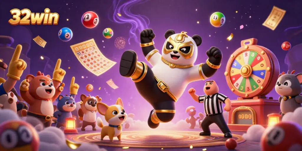 Experience the excitement of 32win with dynamic 3D illustration featuring a wrestling panda in a casino!