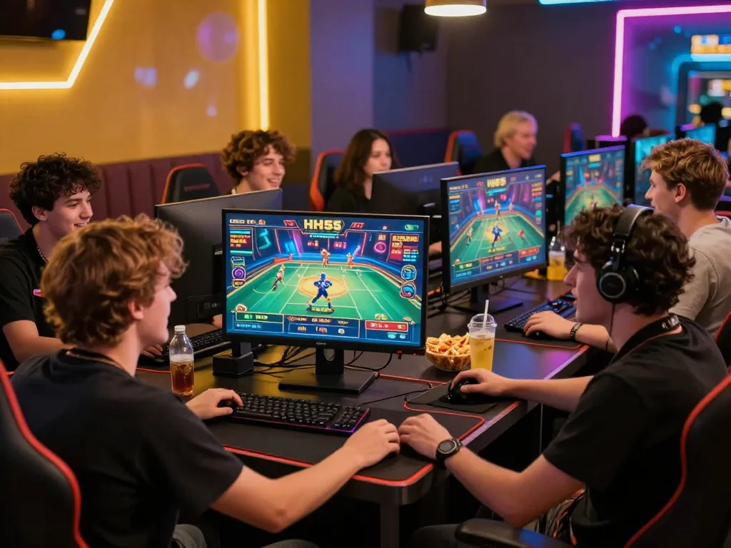 Exciting gaming moment on HH55 platform with diverse players enjoying casino games and vibrant atmosphere.
