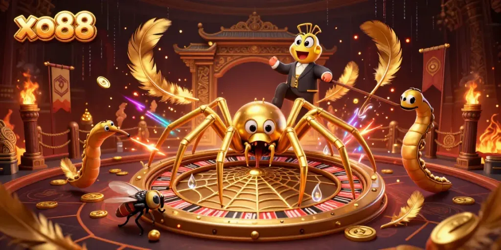 Experience thrilling action at xo88 with a golden spider as the dealer in a roulette wheel web.