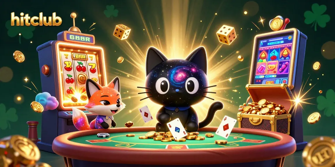 Engage with hitclub as the cosmic cat gathers casino rewards in a vibrant digital scene.