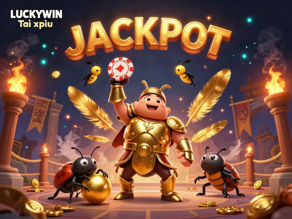Experience a thrilling game of LUCKYWIN Tài xỉu with the victorious hercules beetle in a vibrant casino arena.