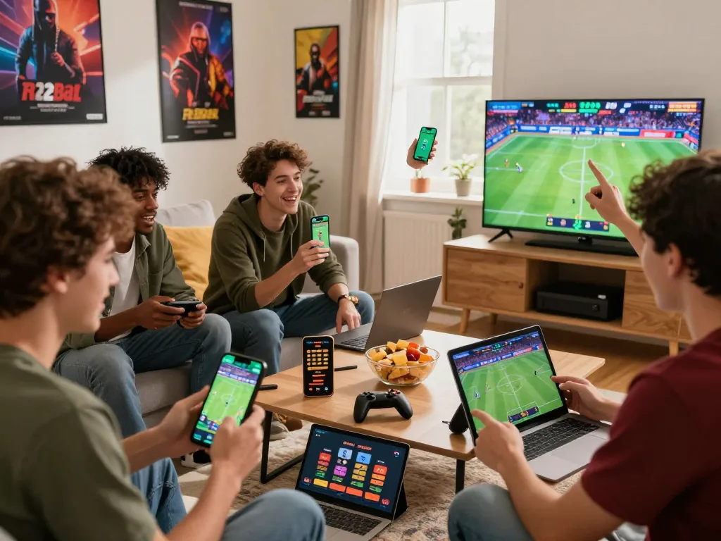 Players enjoying the 12Bet app in a cozy living room with live sports on TV.