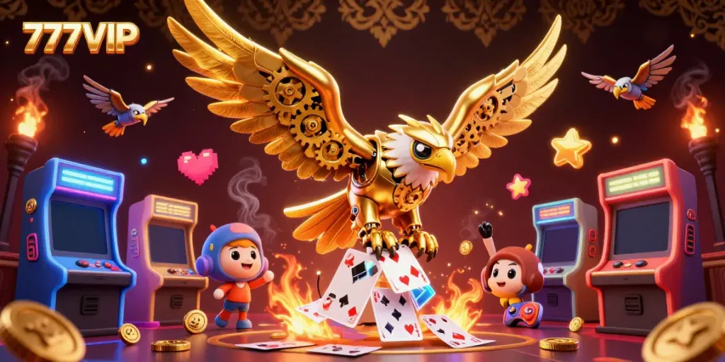 Experience thrilling gameplay with 777VIP's vibrant 3D casino scene featuring golden eagle and holographic cards.