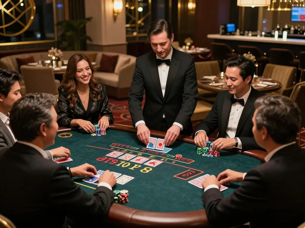 Go8 players enjoying strategic blackjack game at luxurious casino table