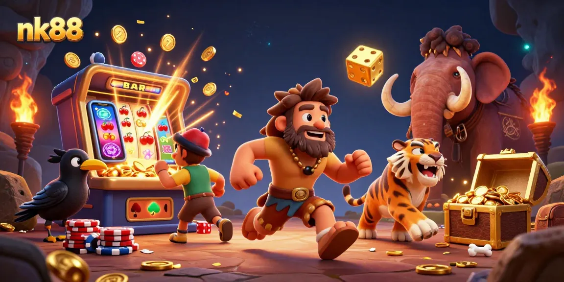 Engage in exhilarating slots action at nk88 with a dynamic prehistorical casino scene.