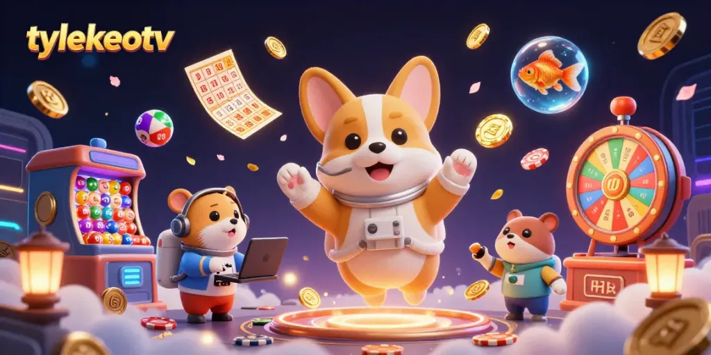 Engage with tylekeotv in a vibrant 3D casino illustration featuring a corgi astronaut and dynamic gambling elements.