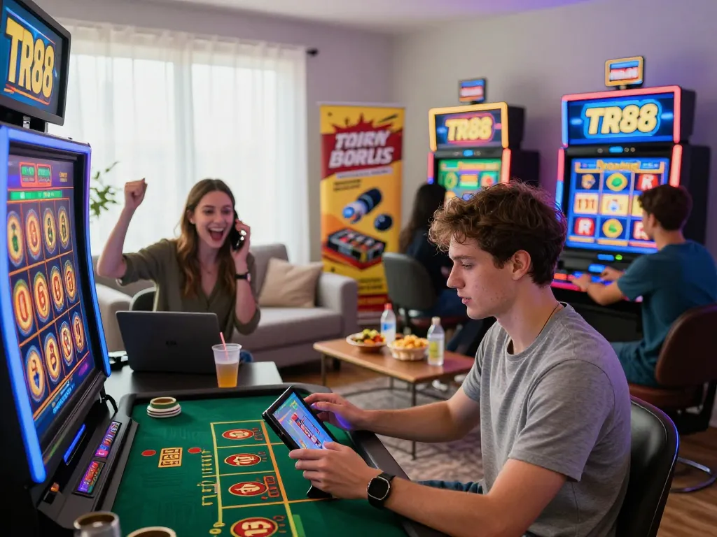 Players enjoying immersive experiences at TR 88 online casino in a vibrant gaming atmosphere with tablets and laptops.
