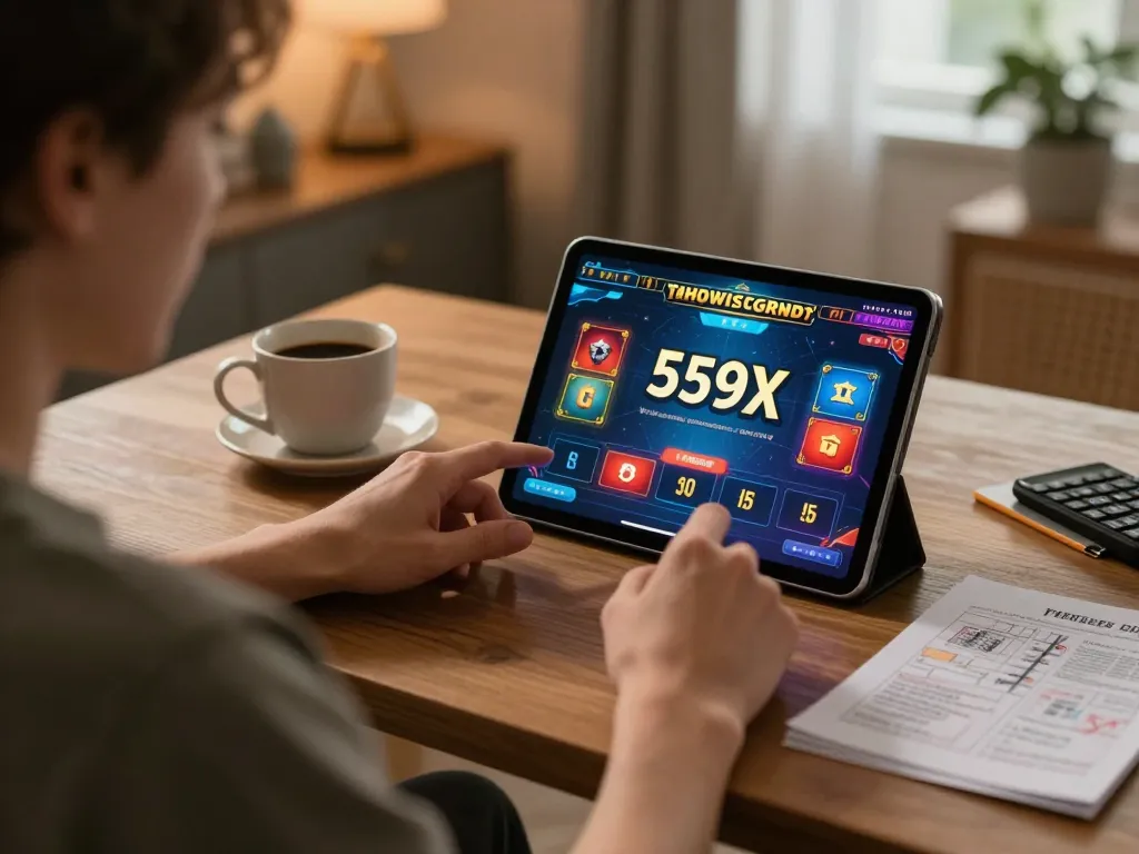 Engaged player enjoying 559X online casino games on tablet in cozy home setting