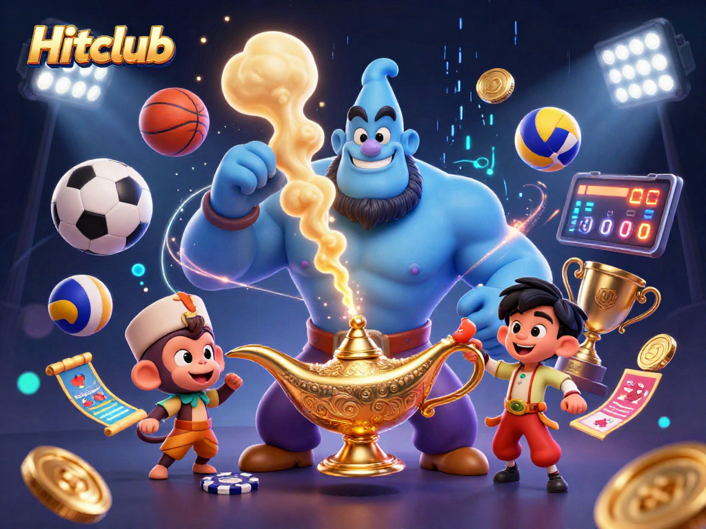 Hitclub showcases a vibrant 3D casino scene with a genie, monkey, and poker chips in dynamic action.