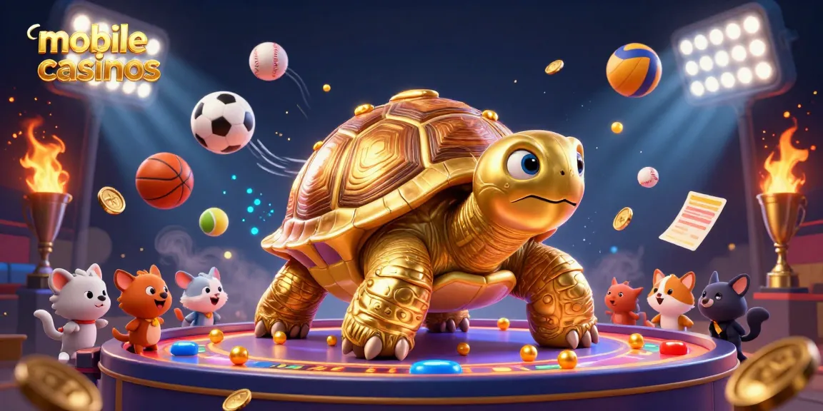 Exciting mobile casinos illustration showcasing a golden tortoise pinball machine and small animals in a vibrant gaming scene.