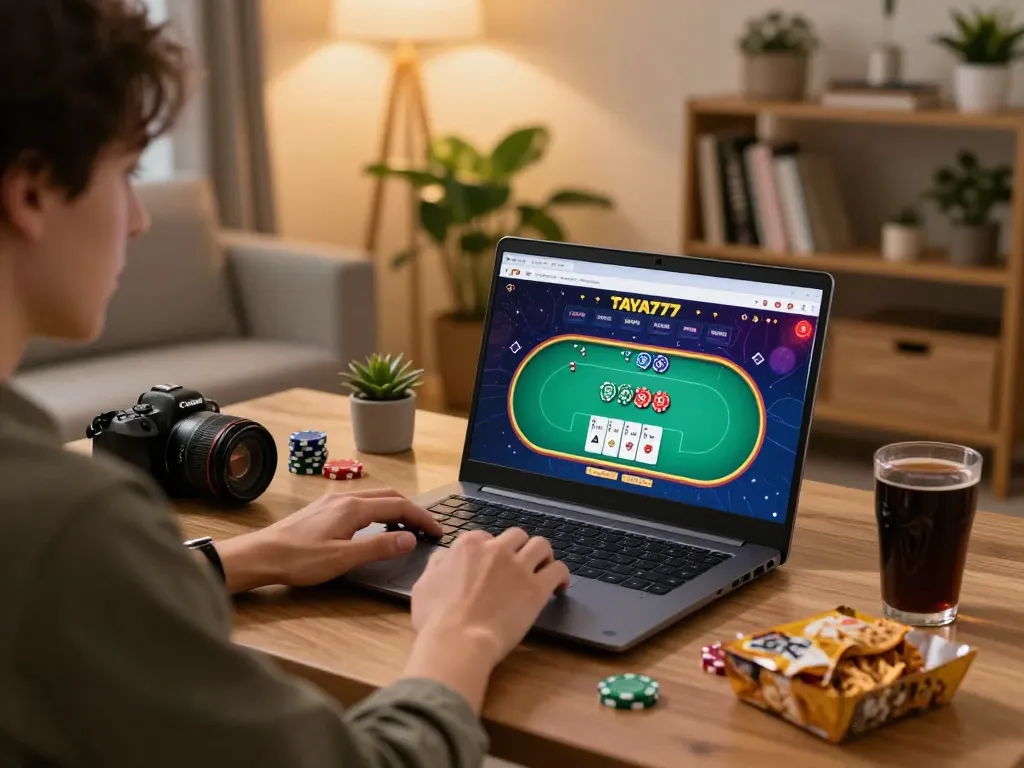 TAYA777 user engaging in online casino gaming at home with vibrant screen and cozy atmosphere.