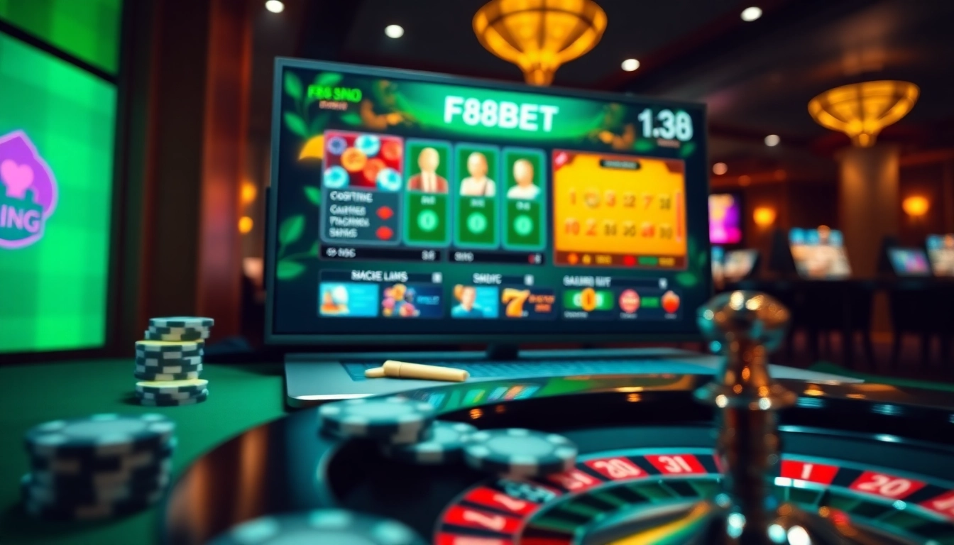 Exciting gameplay showcasing F88BET online casino interface with vibrant graphics and poker chips.