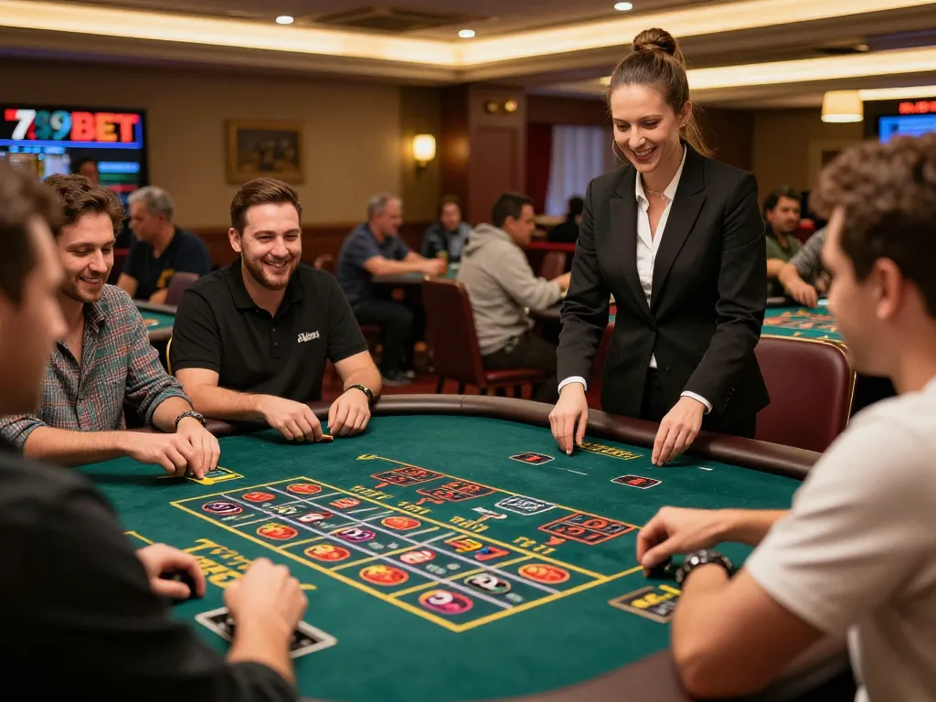 Players enjoying live dealer games at 789BET, with a vibrant casino atmosphere.