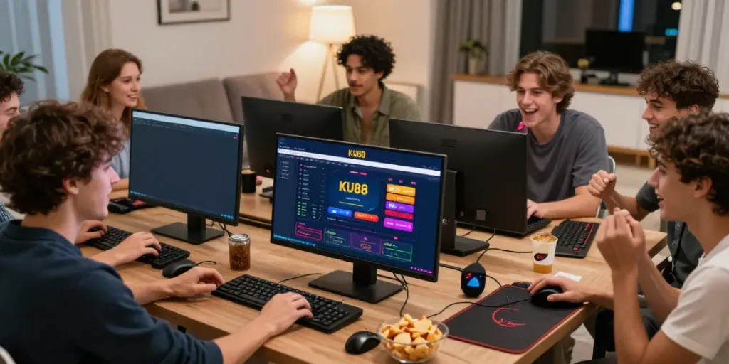 Friends enjoying dynamic online betting on KU88 platform in a modern living room.