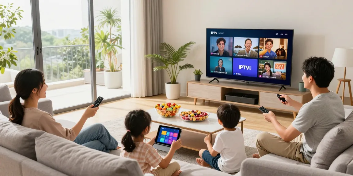 Família assistindo IPTV em sala de estar moderna e aconchegante