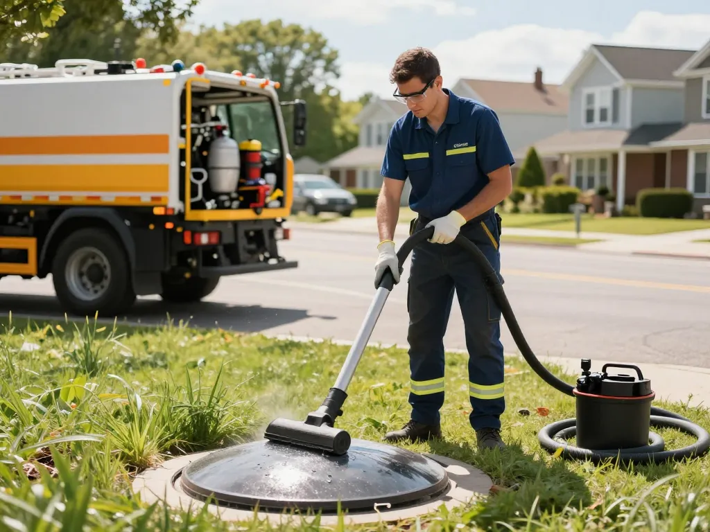 Limpa fossa em São Paulo technician operating a modern vacuum truck for septic tank cleaning in a residential neighborhood.