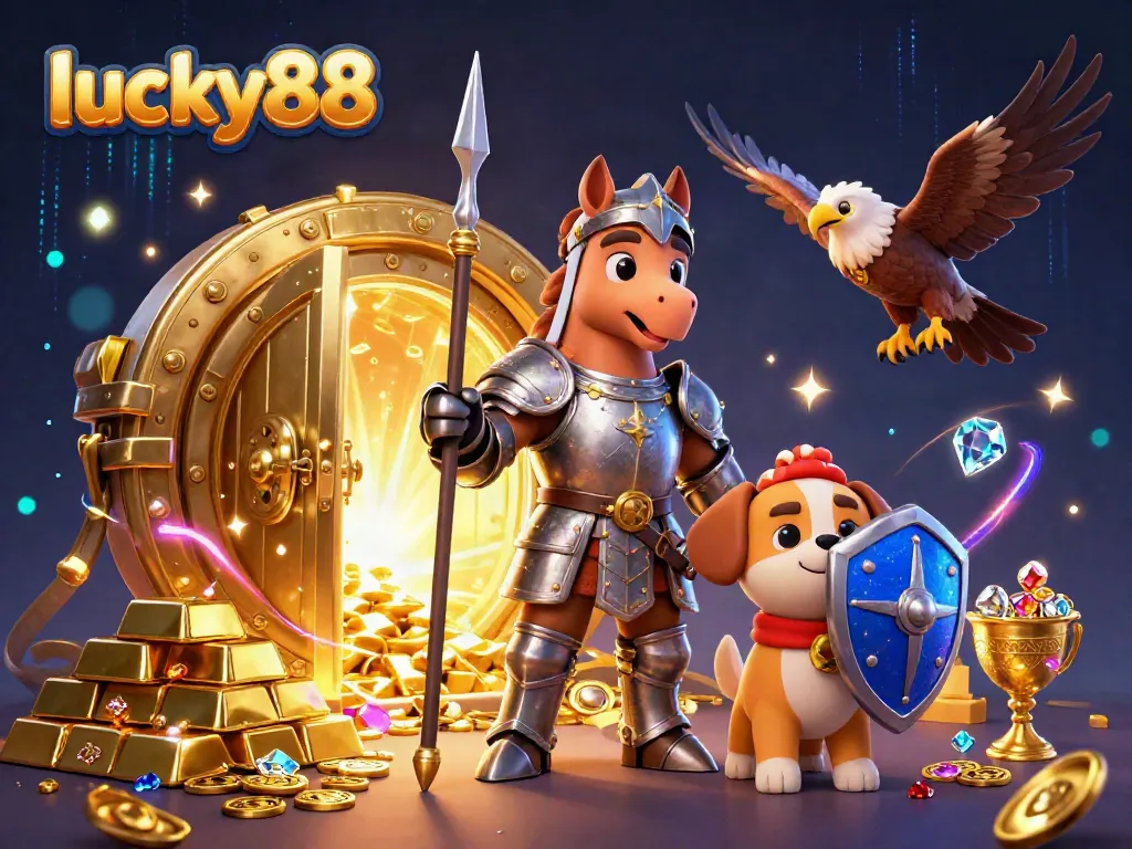 Explore thrilling wins at lucky88 casino with a knight, puppy, and falcon amidst treasure in a vibrant 3D scene.