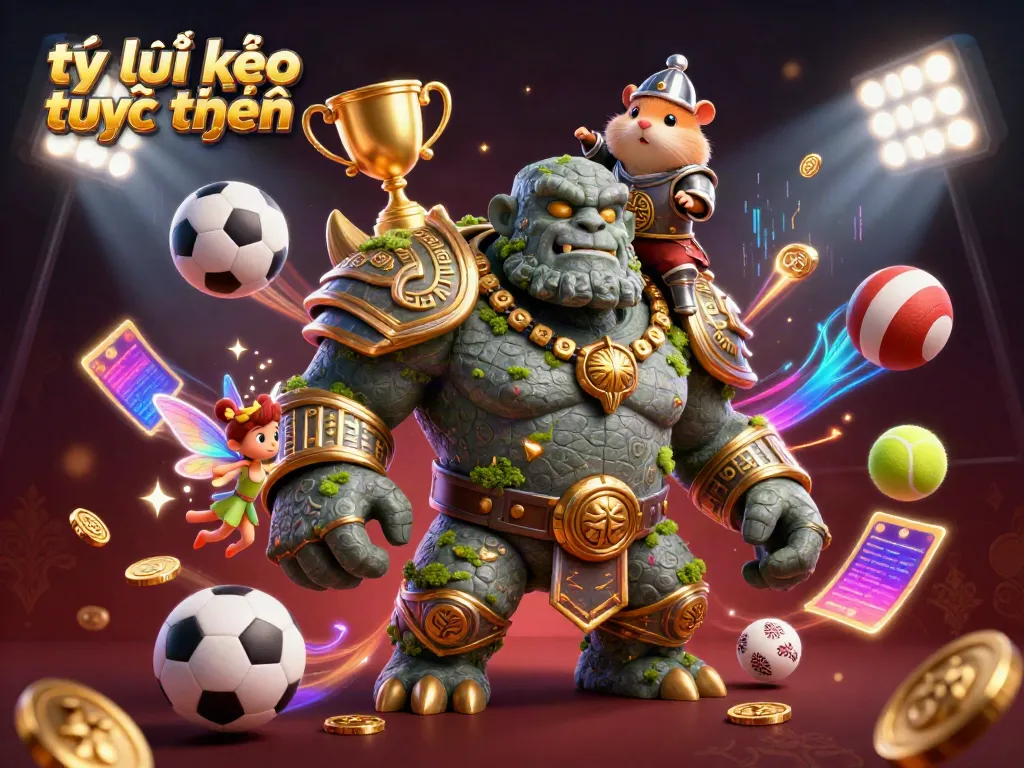 Experience engaging sports betting action with tỷ lệ kèo trực tuyến in a vibrant 3D illustration full of dynamic game elements.