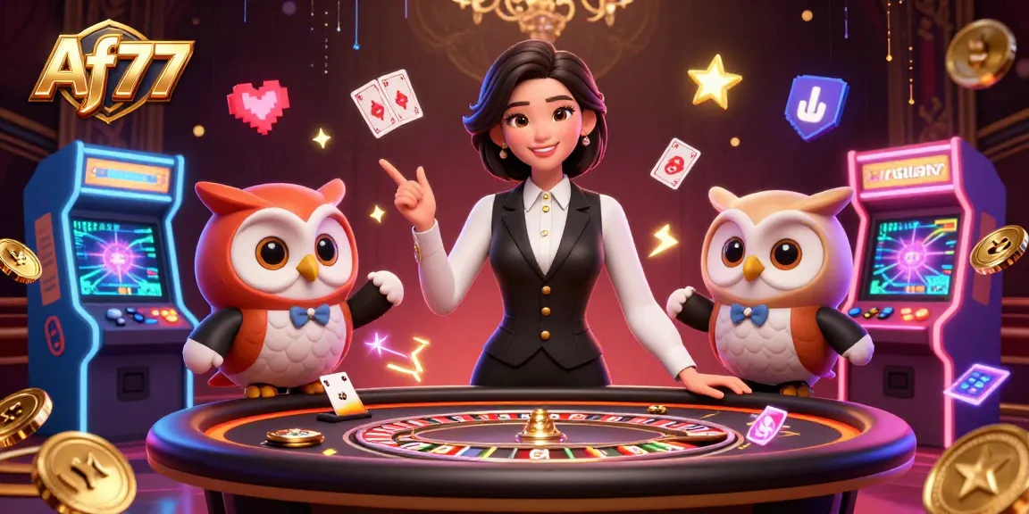 Engage with Af77’s vibrant online gaming scene featuring a professional dealer and lively game elements.
